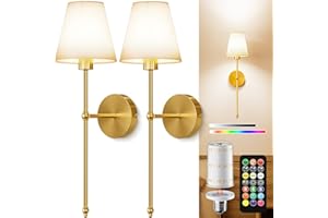 KIBTOY Battery Operated Wall Lights Set of 2, 10000mAh Rechargeable Wireless Wall Sconces with Remote, Dimmable 9 RGB Colours & 4 Light Temperatures, Magnetic Detachable Bulbs, for Bedroom Living Room