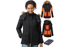 GOTOBI Veste Chauffante Femme Avec Batterie Incluse de 18400 Mah 12v, 8 Zones de Chauffage,Parka Longue Femme chaud et imperméable à capuche amovible en fausse fourrure