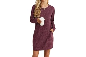 PrinStory Women Jumper Dress With Side Pockets Long Sleeve Winter Mini Dresses Casual Loose Knitted Pullover Sweater Tunic Tops Basic Dress