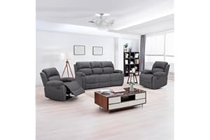 Furnishings For Less UK New Alaska Suede Fabric 3 Piece Sofa Suite | Manual Reclining Armchairs + Static 3 Seater Seater Sofa High Back Grey