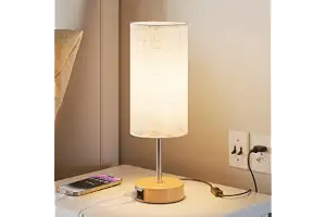 UPXNBOR Lámpara de Mesita de Noche Control Táctil, con Carga | Lámpara de Mesa con Puertos USB A y C, Regulable en 3 Niveles, Pantalla de Lino, Cable de 1,5 m, E27 Incluida, Efecto Madera