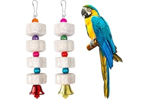 Fonyet 2 Stück Großes Papageienspielzeug Vogel Kauspielzeug Mineralstein Backenzahn Spielzeug mit Glocke, Kalkstein für Wellensittiche, Aras, Afrikanische Graue Kakadus, Nymphensittich