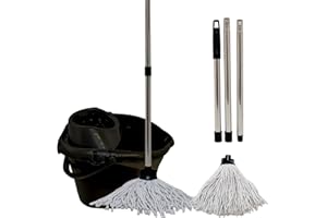 KMJ Black Heavy Duty Mop and Buckets Sets (2 Mop Heads & 1 Steel Pole) with Detachable Wringer-Classic Plastic Mop and Bucket-Sturdy Plastic Buckets & Floor Mops-Super Absorbant Microfibre Cotton Mop
