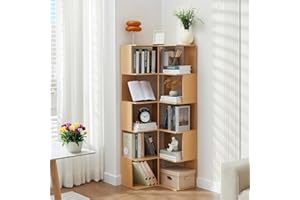 TerraVibe Étagère d'angle en bois à 6 étages en forme de L - Grande étagère ouverte - Vitrine d'angle - Étagère de bureau - Étagère de rangement pour bureau, chambre à coucher, bureau - Naturel