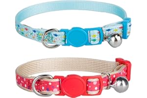 YUDOTE Starkes Nylon-Katzenhalsband mit Bunten Gedruckten Mustern, Leichte Kätzchenhalsbänder mit Schnellverschluss und Glocke, Einstellbar 15-24cm, Blau und Rot 2er-Pack