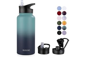 MURBONE Insulated Water Bottle, 1L Stainless Steel Drink Flask with Straw, BPA Free, Leakproof Double Walled Vacuum Water Bottle, 2 Lids (Straw and Spout), Green Blue Gradient