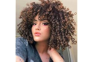 PORSMEER Lockige Afro Perücke Braun Mix Blond Natürliche Kunsthaar mit Pony für Frauen Schulterlänge Afro Kinky Curly Bob Wig Volume für Schwarze Damen,14 Zoll ombre brown