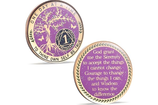 Pièce de sobriété d'un an - Jetons AA et médaillons - Pièce de sobriété pour femme - Arbre de vie - Jeton d'anniversaire - Cadeau de sobriété - Cadeau alcooliques anonymes - To Thine Own Self Be True