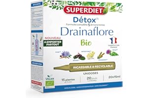 SUPERDIET- DRAINAFLORE BIO - Programme complet de détoxification des 5 émonctoires - Made in France -Format nomade-20 Unidoses de 15 ml