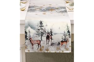 AZYVUM Boże Narodzenie, drzewa, płatki śniegu, renifery, bieżnik stołowy, nadaje się do prania, sezonowa, zima, dekoracja stołu, dekoracja stołu, 40 x 140 cm