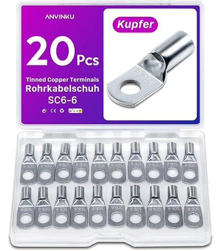 10 Stück Rohrkabelschuhe M8 16mm², Ringkabelschuhe Kabelschuhe SC16-8 Unisolierte KabelQuetschverbinder aus verzinntem Kupfer, für Erdungskabel, Hohe