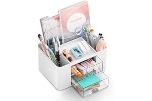 JEJA Organizer na biurko, organizer biurkowy z szufladą uchwyt na długopisy, organizer na stół, do biura, szkoły, oszczędność miejsca, Biały