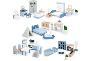 JOYREAL Ensemble de meubles en bois pour maison de poupée, 32 pièces, accessoires et meubles pour maison de poupée Sanlebi, meubles miniatures comprenant 5 kits de pièces, jouet de jeu d'imitation, cadeau pou