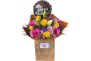 DAILY FLOWERS Stunning Birthday Bouquet with Balloon Gift Bag | Fresh Yellow Roses, Pink Gerberas, Lilies and Chrysanthemums | Florist Designed Floral Arrangement for Birthday Celebration