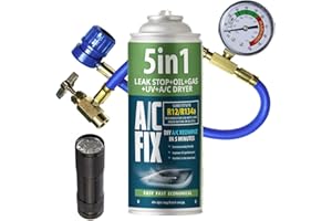 A/C FIX AC FIX 5-en-1 – R134a + Tuyau + Lampe torche, 235 g Réfrigérant pour climatisation automobile avec huile, produit d'étanchéité, colorant UV, dessiccant – Application rapide – Protège le compresseur