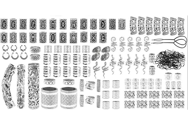 44 Perles de Rune Viking Perle Barbe Viking Perles de Cheveux, Nordique Cheveux Tube avec Épingle à Cheveux de Perle Rapide et 50 Bandes de Caoutchouc Noires