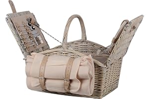 UNUS Panier de Pique-Nique en Osier Gris pour 2 Personnes avec Couverture, Vaisselle et Couverts, Set Complet avec Tapis de Pique-niqu