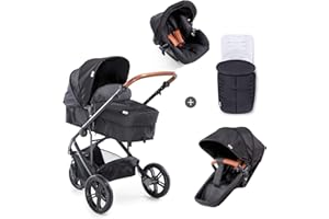 Hauck Poussette Combinée Trois Roues Pacific 3 Shop N Drive / Nacelle Souple Convertible en Siège Réversible / Siège Auto Groupe 0 + / Couvre Jambe / Hauteur Réglable / Grandes Roues / Noir