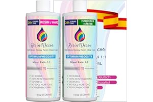 Resina Epoxi Transparente RESIN4DECOR 1:1 Para Manualidades Artesanía Fabricación de Joyas Moldes No es Amarillento No es Tóxico Acabado de Alto Brillo de Curado de 24 horas Inodoro - 1000ml