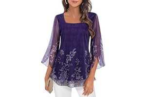 Syphiby Womens Blouses Ruffle 3/4 Sleeve Tunic Tops Loose Flowy Square Neck Chiffon Top Double Layers Mesh Shirts M-3XL
