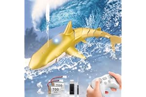 Bayehngs Remote Control Shark Toy for Boys & Girls, High Simulation RC Boat with Light & Spray Water, Gift for 6+ Year Olds, Gold