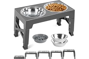 FOSTBEEN Comedero Elevado Perro con Tazones Dobles Acero Inoxidable 1200ML y 1 x 800ml Comedero Perro Antivoracidad, 5 Altura Ajustable para Alimentador de Agua y Comida para Mascotas y Gatos, Gris