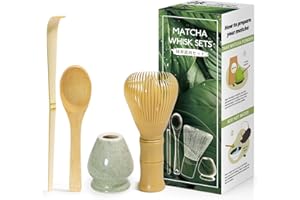 KURKIP 4 Pièces Matcha kit ceremonie japonais, Jaune Fouet en Résine Chasen, Cuillère en bambou, pelle en bambou, Porte-Fouet, Coffret matcha pour la cérémonie du thé, la boisson - Matcha vert