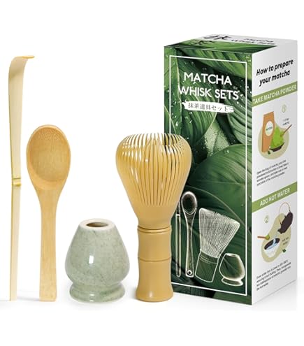 Fouets à Matcha Kit 4pcs, Kit Matcha Complet Avec Fouet Bambou, TeaCuillère, Tamis, Cuillere Matcha, Japonais Matcha Whisk Accessoire Set 100% Bambou Naturel, Fabrication Artisanale Traditionnelle