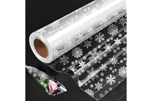 OTMVICOR Rouleau de cellophane plié transparent imprimé avec flocon de neige, 80 cm x 30 m pour paniers, anniversaire, fête des mères, biscuits, cadeaux de Pâques