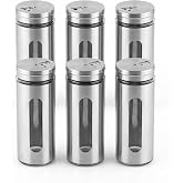 Deconox 6'lı Set Metal Kaplı Cam Baharatlık, 14 cm - Şeffaf Pencereli, D&ouml;ner Kapaklı, Paslanmaz &Ccedil;elik G&ouml;r&uuml;n&uuml;ml&uuml; Tuzluk ve Bah