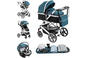 Kakbgee 3 in 1 Pushchair Travel System, Pram Travel System with ECE R129, Height Adjustable Handle Baby Pram, High View Aluminum Frame Baby Stroller for Newborn, Blue(22KG, 0-4Years)