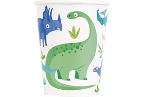 Unique-Bicchieri di Carta-266 ml-Festa di Dinosauro Blu e Verde-Confezione da 8, Multicolore, 9cm x 7.5cm / 3.5 in x 3 in, 82215