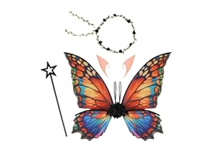CMANLNYK Ailes de fée et baguette – Ailes de fée avec guirlandes de fleurs, oreilles d'elfe, baguettes magiques, adultes pour jeux de rôle, cosplay et événements de vacances, costume de papillon beau et léger