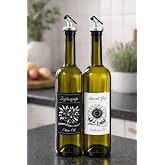 Zeytinyağı ve Ay&ccedil;i&ccedil;ek Yağı Şişesi Seti, Beyaz Etiket ve Yağdanlık Aparatlı, 750 ml, 2 Adet, Yeşil Cam Şişe (Standsız, Gri)
