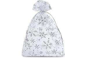 SAKETOS Weihnachten Organza Beutel 10 Stk. Stoffsäckchen Weihnachts Motiv Geschenksäckchen Organzasäckchen mit Zugband Geschenkverpackung Weihnachts I 15 x 20 cm - Weiß