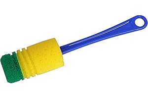 FACKELMANN Cepillo Limpieza Botella, Cepillo fregar con esponja suave, Lavado vasos, biberones, Base reluciente, Limpieza botellas, parte funcional de esponja amarilla y verde con mango de plástico az