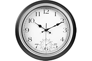 JoFomp Large Waterproof Outdoor Clock with Thermometer Combo - 12 inch Silent Non Ticking Quartz Battery Operated Wall Clock for Patio, Home, Pool, Garden, Porch, Deck (Silver Beze)