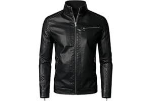 HOOD CREW Chaqueta de cuero sintético con cremallera para hombre, cuello alto, chaqueta bomber para motocicleta