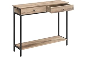 VASAGLE Mesa de Consola, Mesa de Sofá con 2 Cajones, Marco de Acero, Estable, para Pasillo, Dormitorio, Salón, Estilo Industrial, Marrón Camello y Negro Tinta LNT015W01