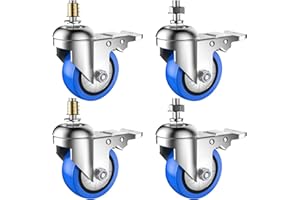 Deutnart möbelrollen mit Gewinde, 50mm Schwerlastrollen Gewindestift M8×20mm, Geräuschlose Rollen für Möbel, Lenkrollen mit Bremsen zum Transport, Belastung bis zu 200KG für Möbel Ausrüstung (Blau)