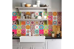 RE-COVERTILES - Autocollants Carrelage Salle de Bain et Cuisine 24 Pcs 10x10 cm - PS00178 Décoration murale en carrelage mosaïque PVC imperméable style carreaux de ciment Azulejos