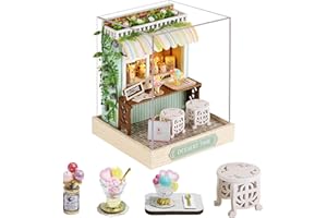 CUTE-Eyfud DIY Miniature Dollhouse Craft Kit, Wooden Doll House Set with Furniture, LED Lights, and Dust Cover – Creative Gift for Adults and Teens (DESSERT TIME)