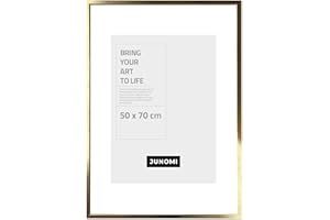 JUNOMI® Picture Frame 50 x 70 cm Wood | Gold Colour | Picture Frame 50 x 70 cm Gold with Shatterproof Acrylic Glass | Wooden Picture Frame
