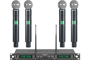 Phenyx Pro Sistema microfono wireless professionali UHF a 4 canali in metallo a frequenza fissa con 4 microfoni dinamici palmari, portata di 260 piedi per canto, chiesa (PTU-5000-4H)