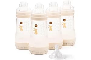 MAM Easy Start Anti-Colic Baby Bottles | 4 Pack (4X 260ml) | Self-Sterilising Baby Milk Bottle | Medium Flow MAM Teats Size 2 + 1x Fast Flow Teat Size 3 | Unisex (Various Designs)