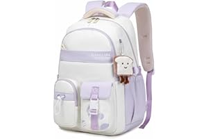 Amythe School Backpacks for Girls, Water-Resistant School Bag with Kawaii Pendant, Teen Girls BookBag for Primary Secondary School, Lightweight Casual Rucksack for Travel