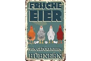 PUJEKNM Hühnerstall Outdoor Blechschild-frische Eier glückliche Hühner Metallschild,Lustige Coop Metallschilder Vintage Schild Hühnerstall Zubehör Outdoor Deko(30x20cm)