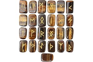Crocon Rune di pietra preziosa a forma di rettangolo con occhio di tigre con alfabeto Futhark Elder inciso 25 pezzi Set di rune Chakra di guarigione di cristallo Set di rune Reiki Dimensioni: 20-25 mm