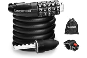 Looxmeer Candado de Bicicleta 180cm, Candado de Cable Combinación para Bicicleta con 5 Dígitos, Cadena Antirrobo Flexible, Alta Seguridad para Bicicleta y Moto al Aire Libre, Negro