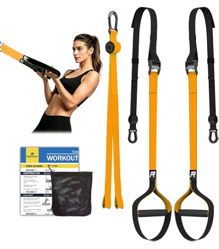 Sangles de suspension (fixation murale et de porte incluse), roulette abdominaux et bande élastique musculation. Appareil de musculation avec roue abdominale, bande élastique et sangle suspension